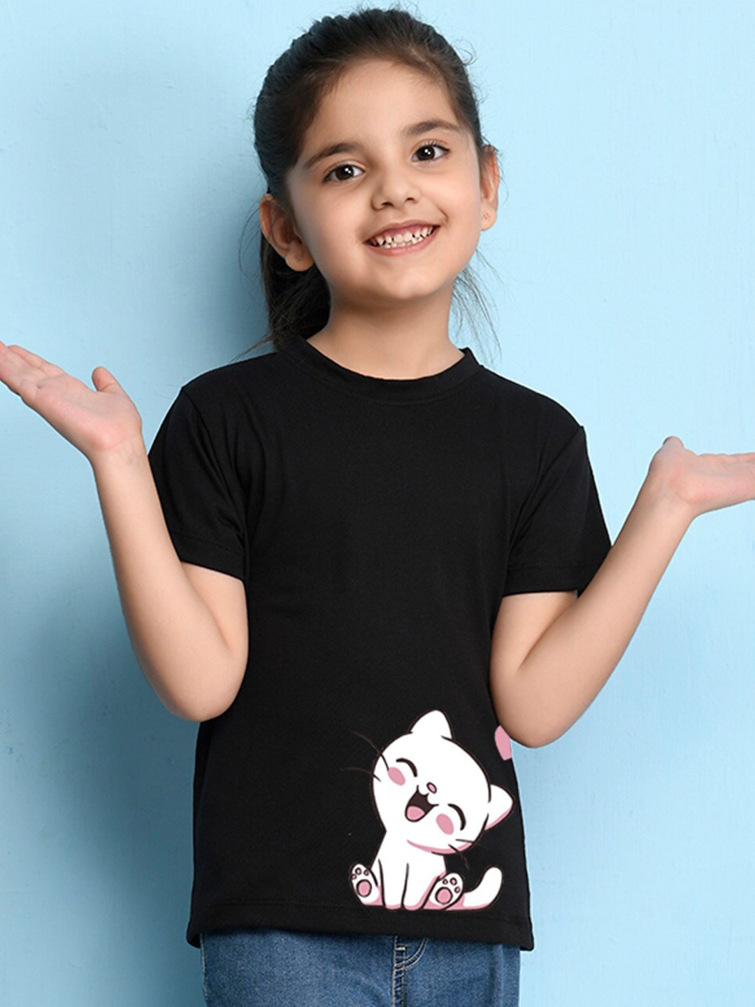 

NUSYL Girls Printed Round Neck Short sleeve T-Shirt, Black