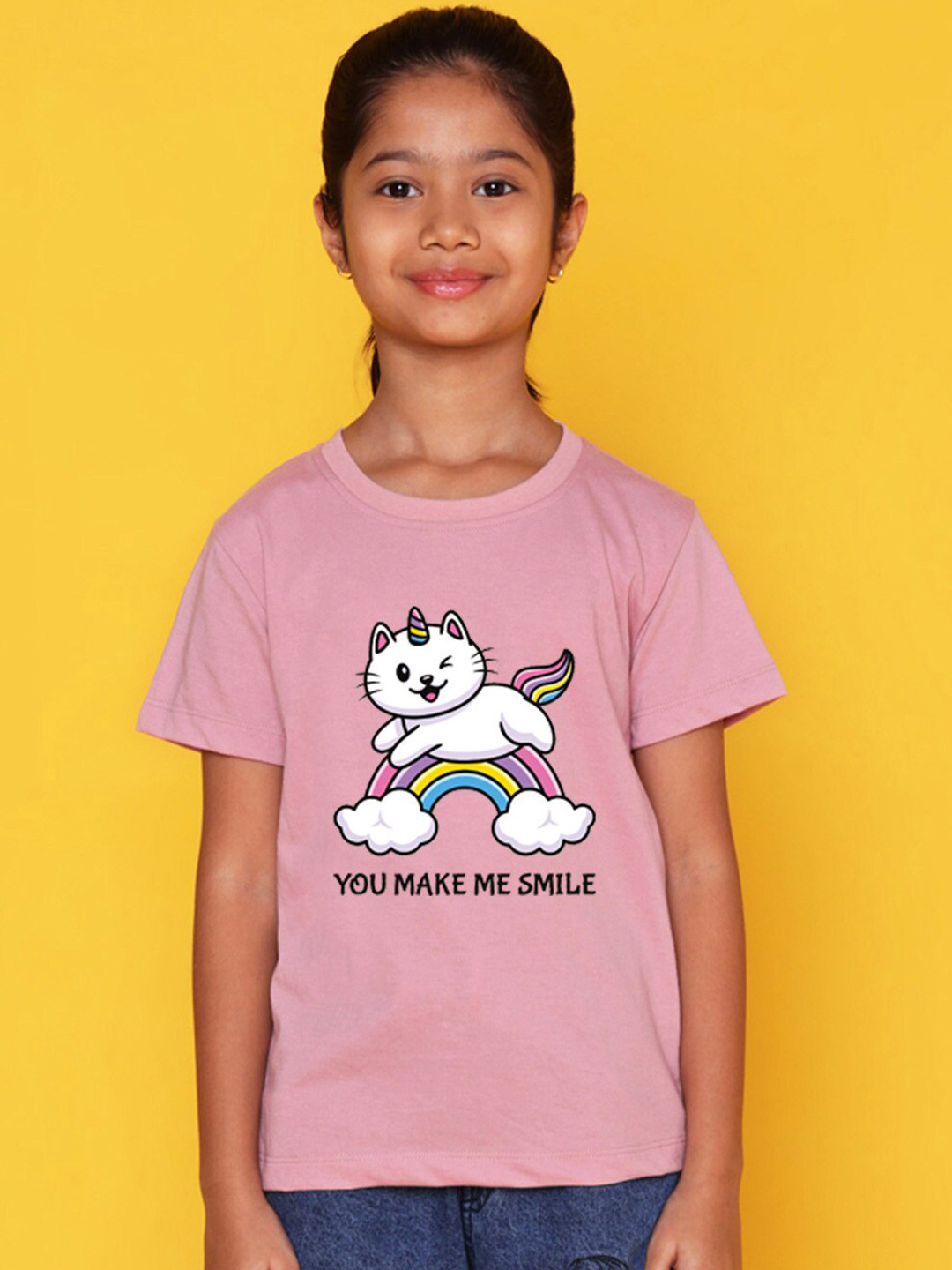 

NUSYL Girls Unicorn cat & rainbow Printed Round Neck Short sleeve T-Shirt, Pink
