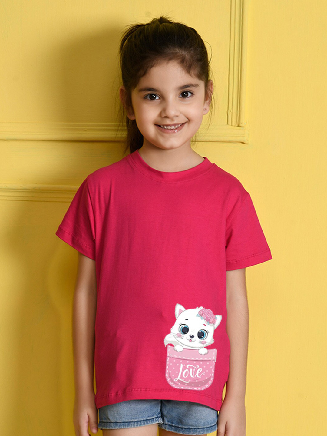 

NUSYL Girls Printed Round Neck T-shirt, Pink