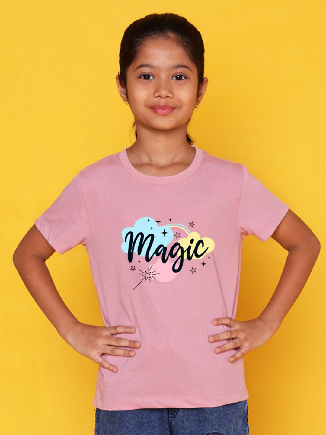 

NUSYL Girls Typography Printed Round Neck T-shirt, Pink
