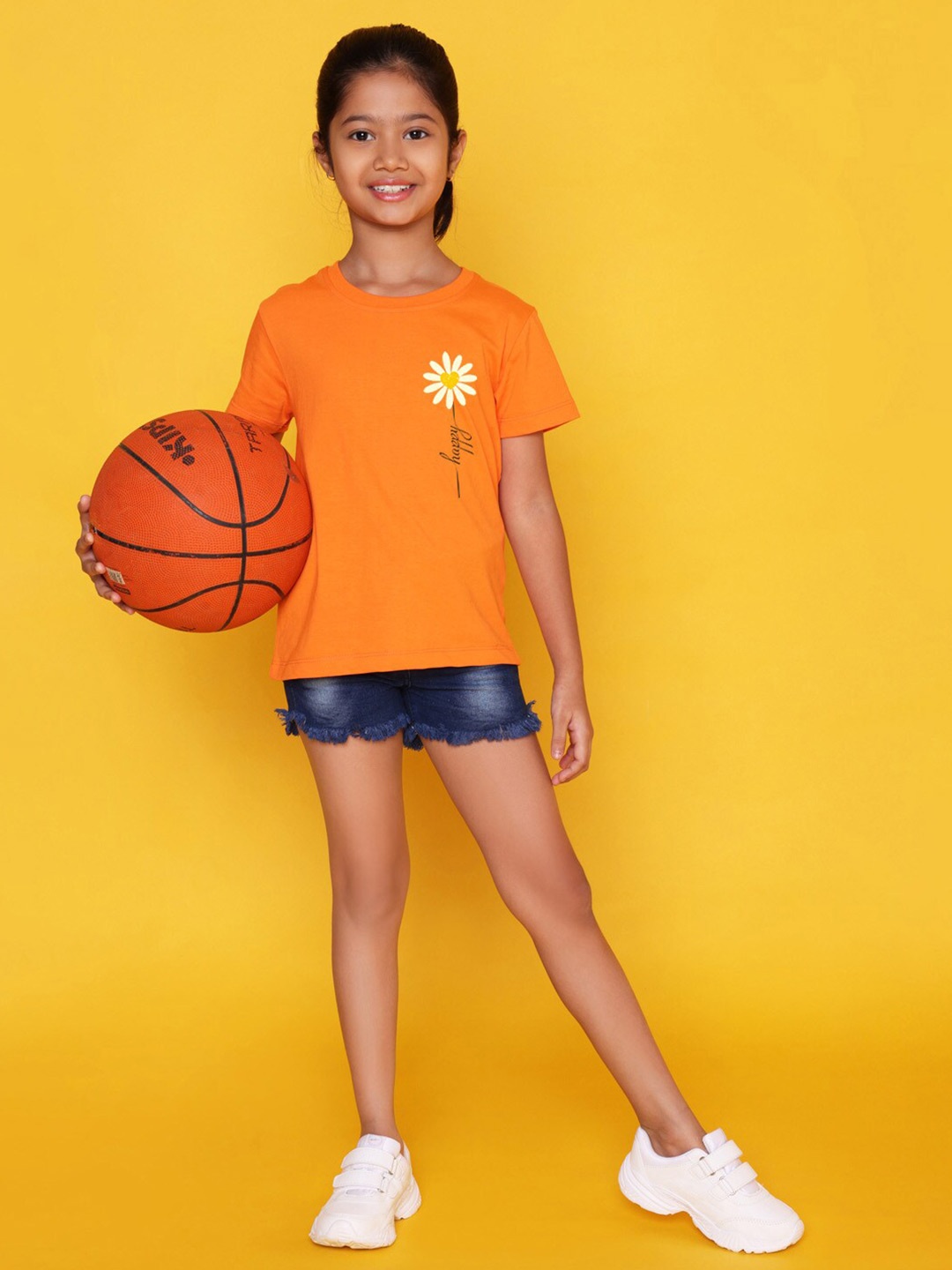

NUSYL Girls Printed Round Neck Short sleeve T-Shirt, Orange