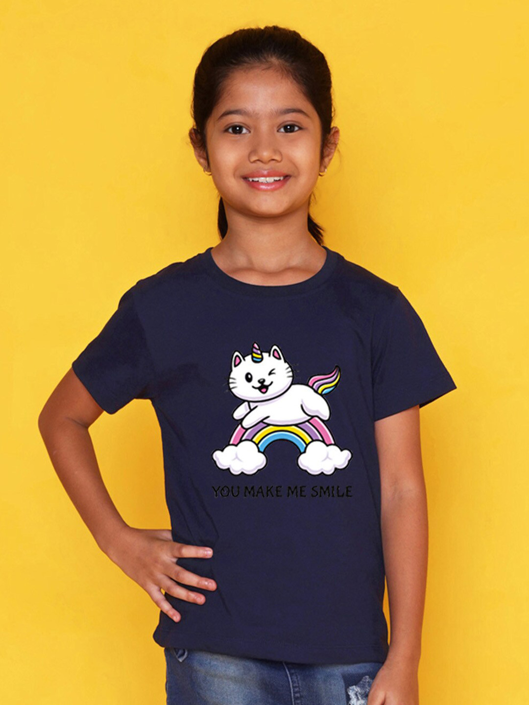 

NUSYL Girls Graphic Printed Round Neck Cotton Casual T-shirt, Navy blue