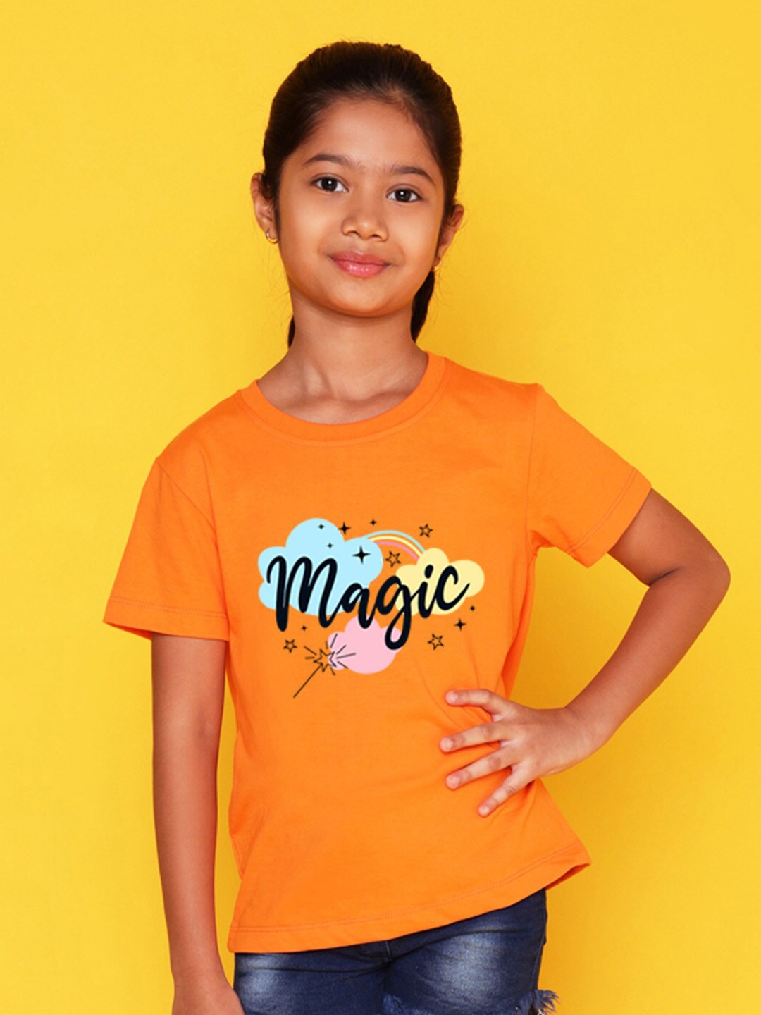 

NUSYL Girls Typography Printed Round Neck T-shirt, Orange