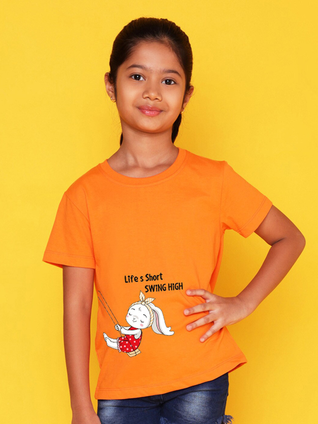 

NUSYL Girls Graphic Printed Round Neck Casual T-shirt, Orange