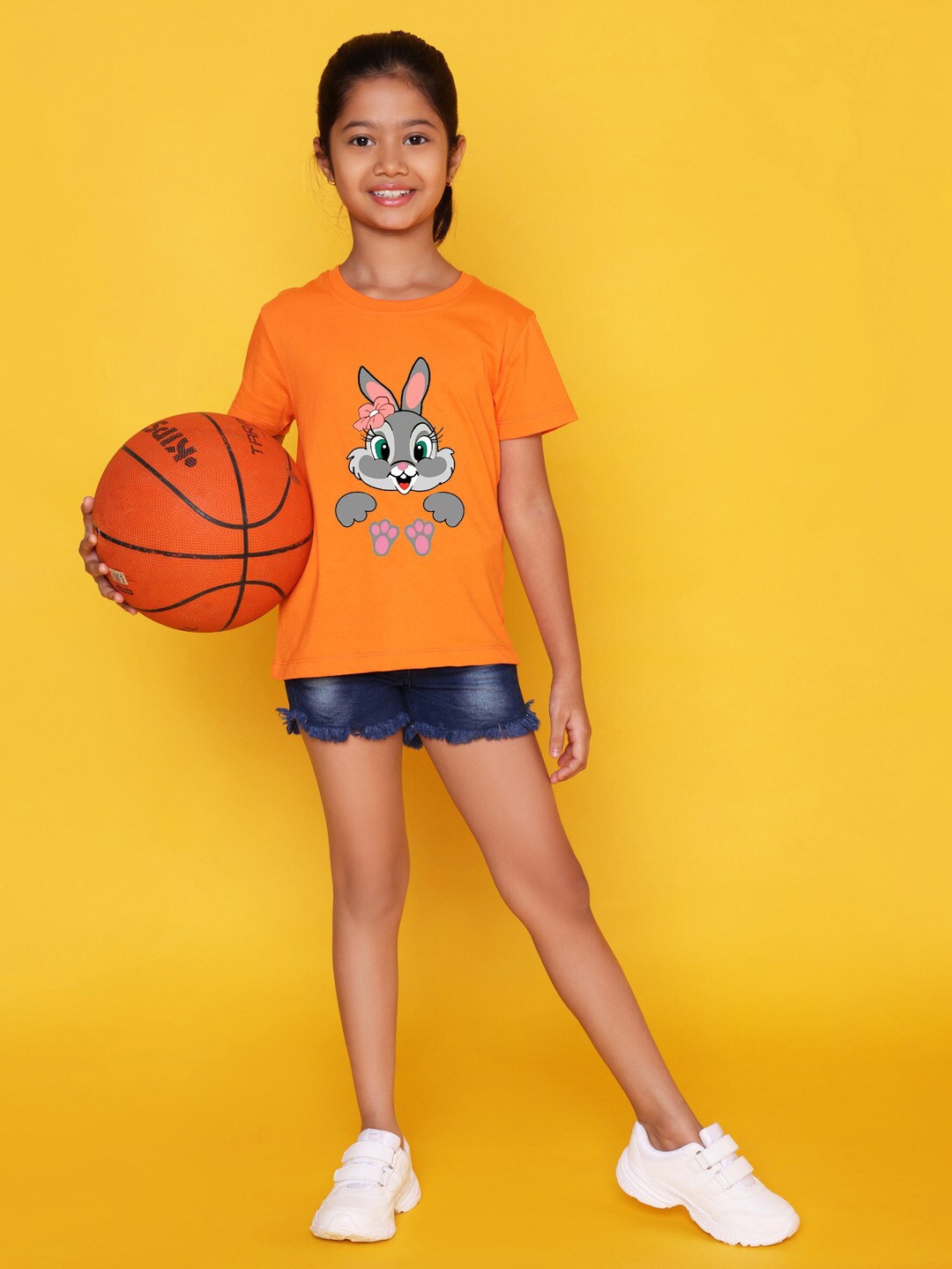 NUSYL Girls Printed Round Neck Short sleeve T-Shirt, Orange