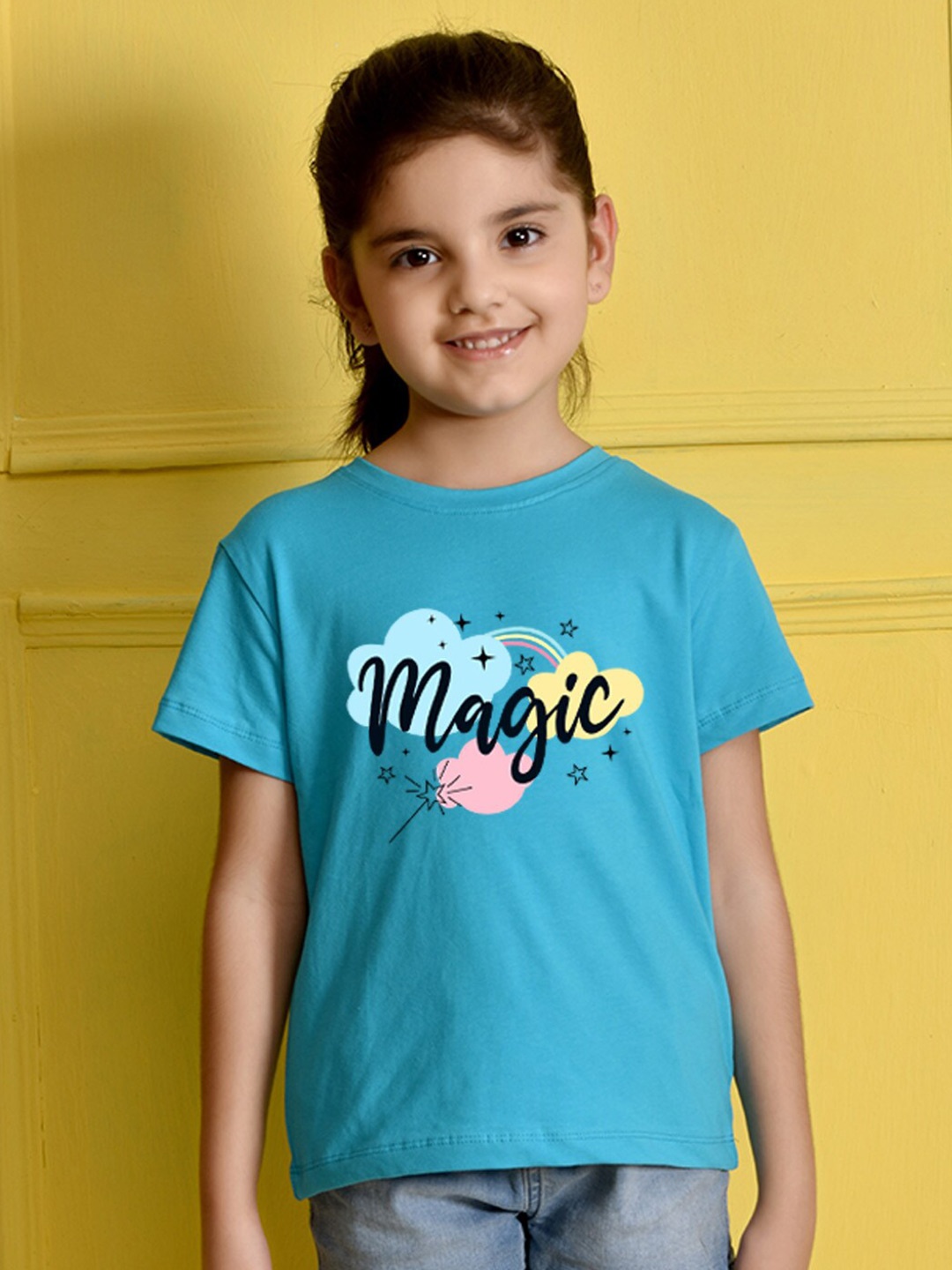 NUSYL Girls Printed Round Neck T-shirt, Blue