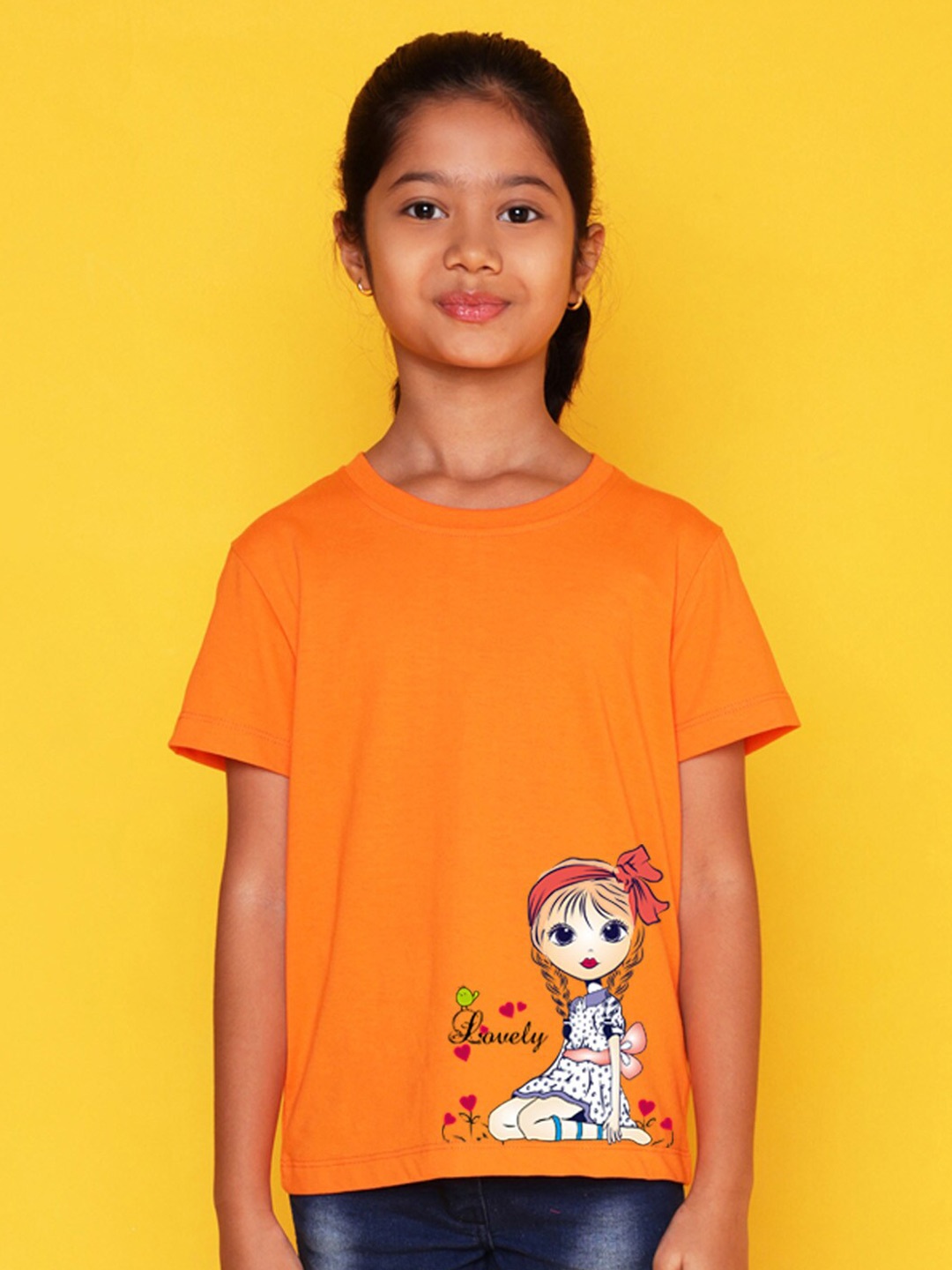 

NUSYL Girls Printed Round Neck Short sleeve T-Shirt, Orange