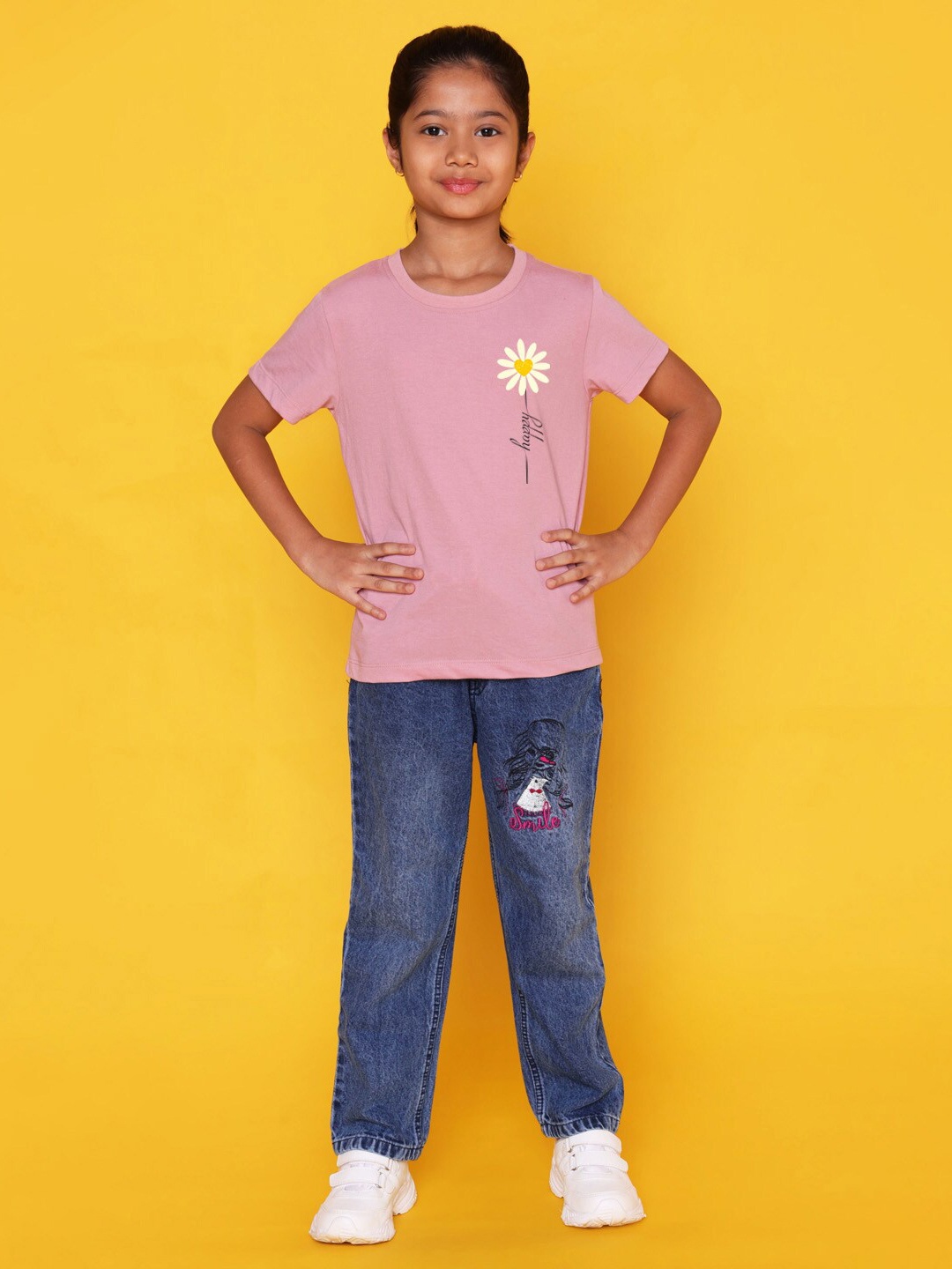 

NUSYL Girls Printed Round Neck T-shirt, Pink
