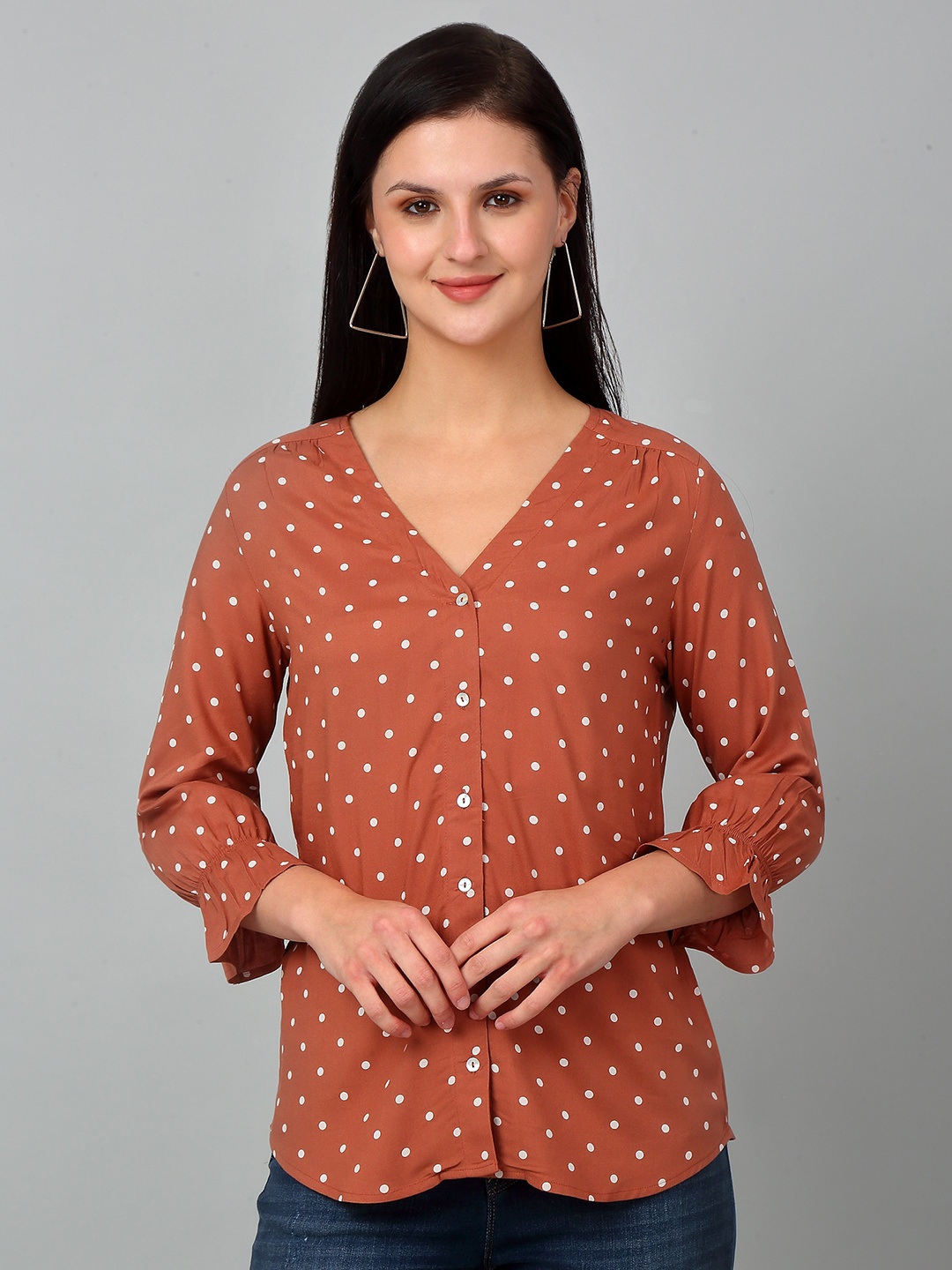 

Cantabil Polka Dot Printed V-Neck Shirt Style Top, Brown