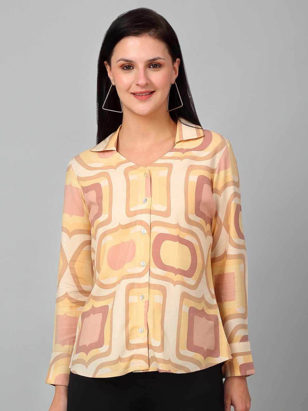 

Cantabil Geometric Printed Cuffed Sleeves Top, Beige