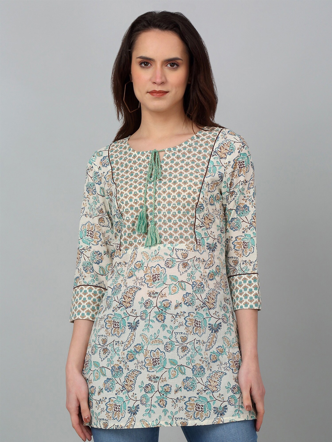 

Cantabil Floral Printed Tie-Up Neck Pure Cotton Straight Kurti, Off white
