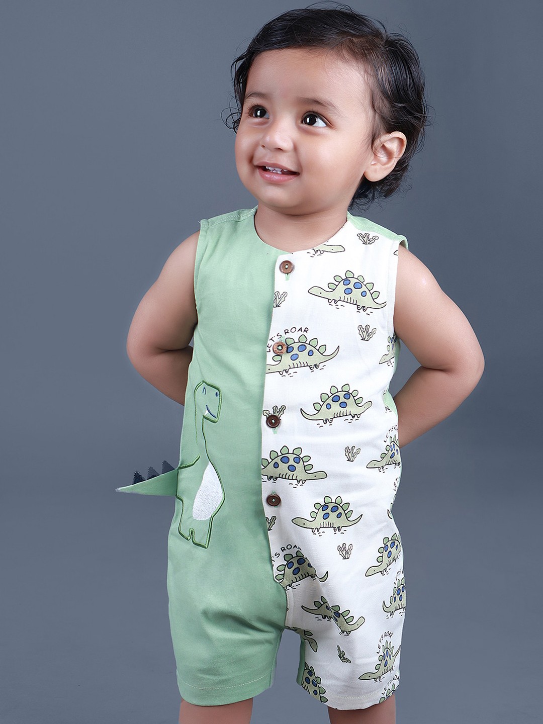 

Little Llama Infant Boys Printed Cotton Rompers, Sea green