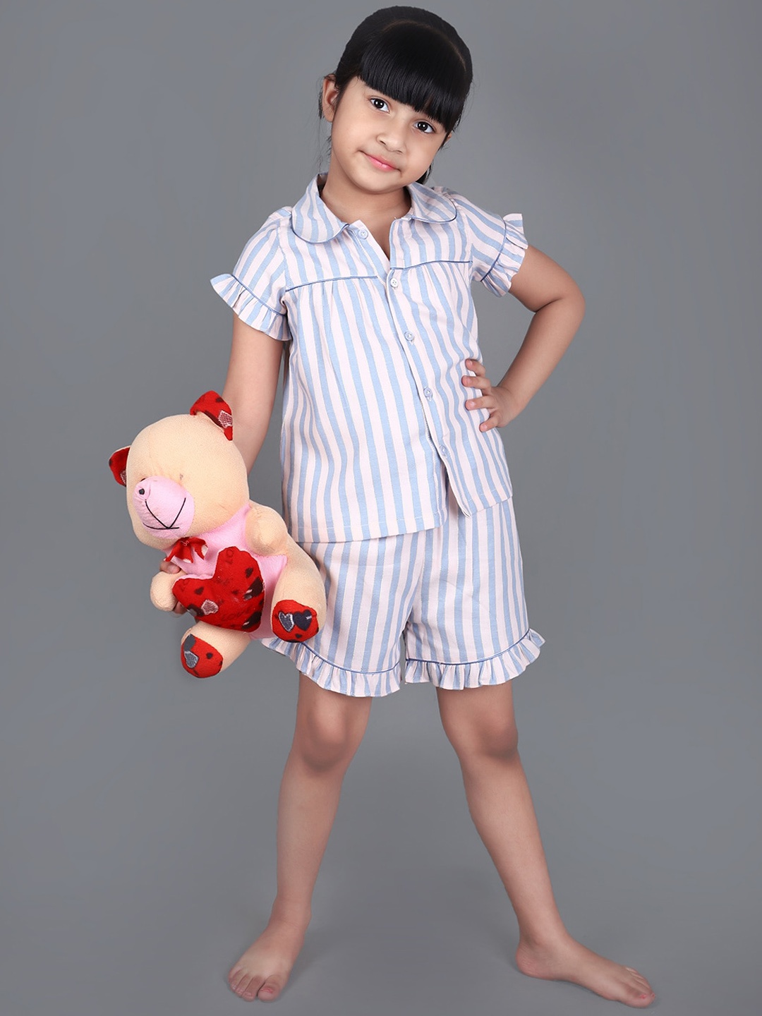 

Little Llama Girls Striped Pure Cotton Shirt With Shorts, Pink