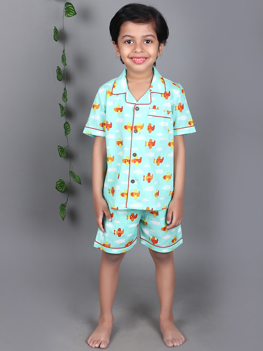 

Little Llama Boys Printed Lapel Collar Pure Cotton Shirt With Shorts, Blue