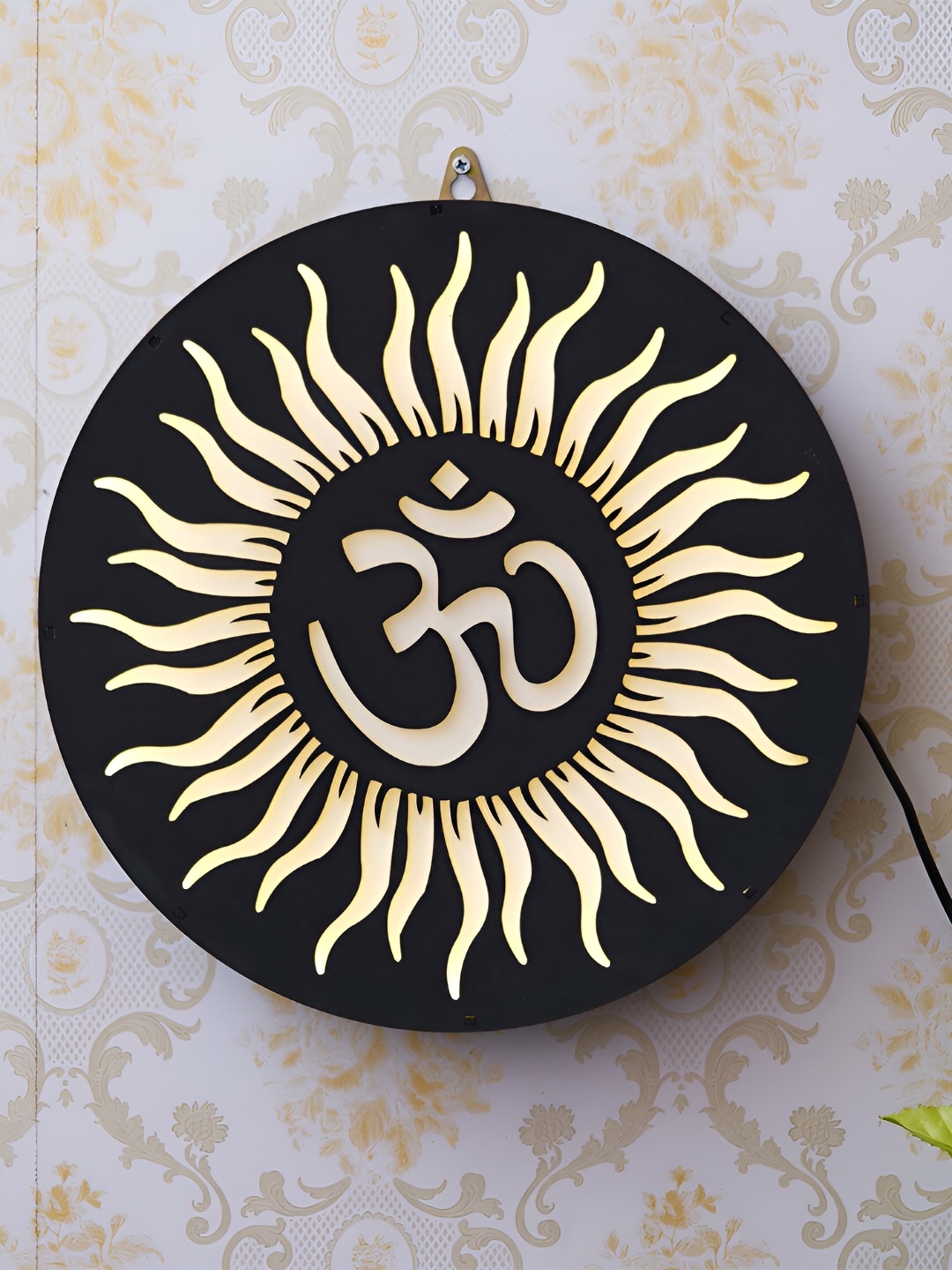 

eCraftIndia Black Sun & Om Symbol Wooden Cutout LED Light Lamp Decorative Wall Hanging