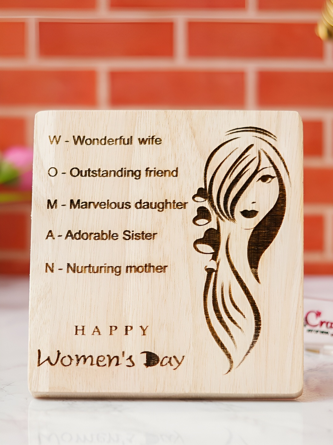 

eCraftIndia Brown "Happy Women's Day" Wooden Figurine Showpiece