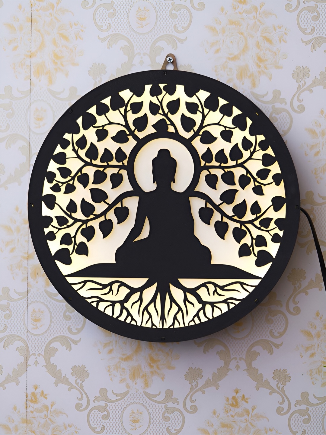 

eCraftIndia Black Lord Buddha Sitting Under a Tree Wooden Cutout LED Light Wall Hanging