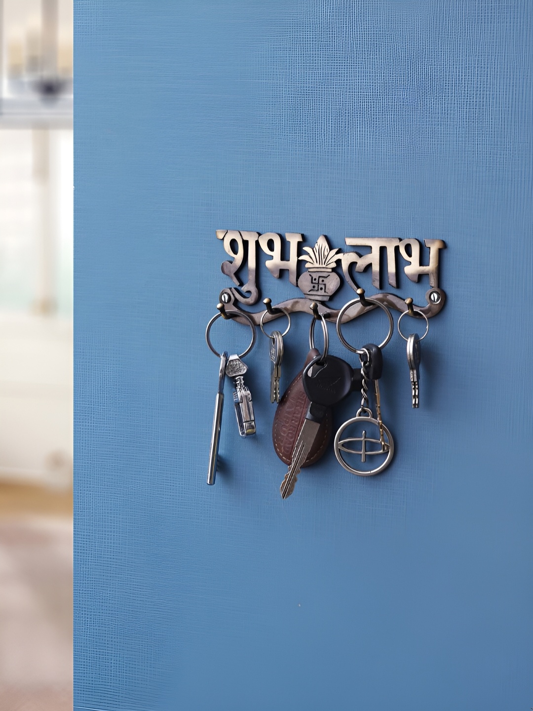 

eCraftIndia Gold Toned Shubh Labh with Kalash Designer Brass Key Holder With 5 Hooks