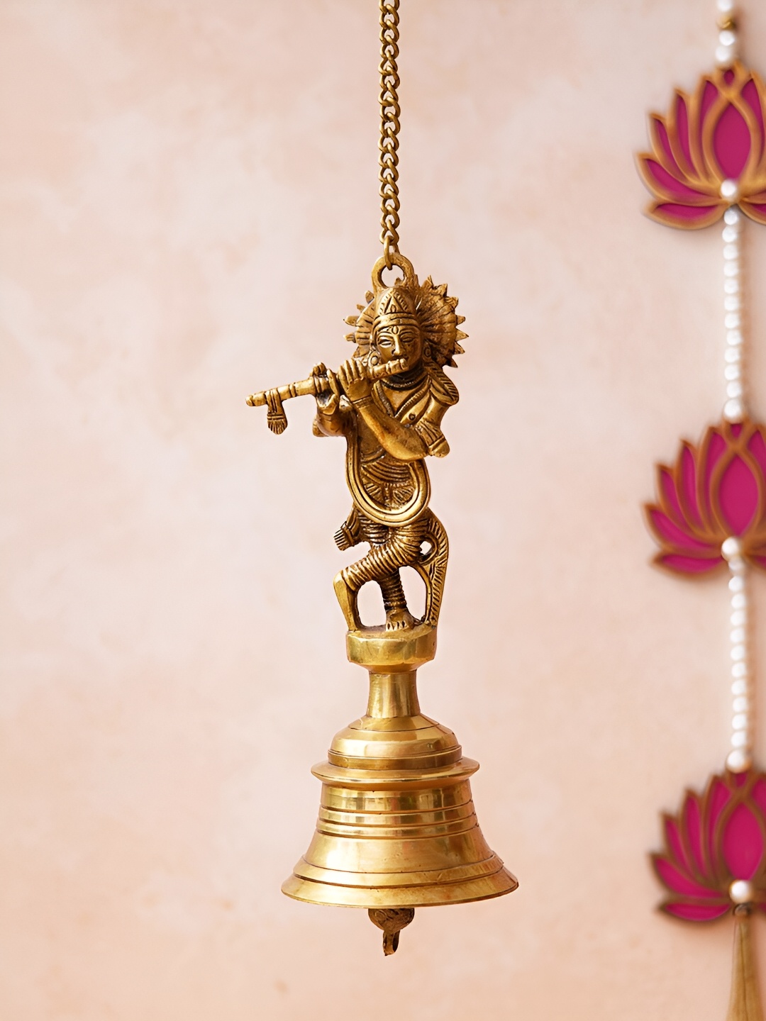 

eCraftIndia Gold Toned Lord Krishna Playing Flute Statue Brass Hanging Bell With Chain