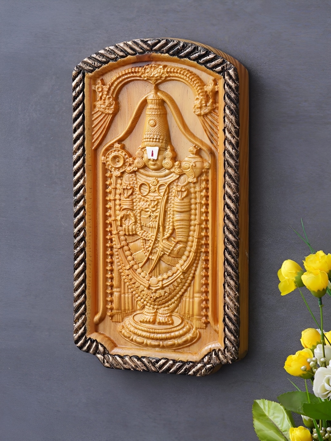 eCraftIndia God Tirupati Balaji Wooden Religious Wall Hanging, Gold