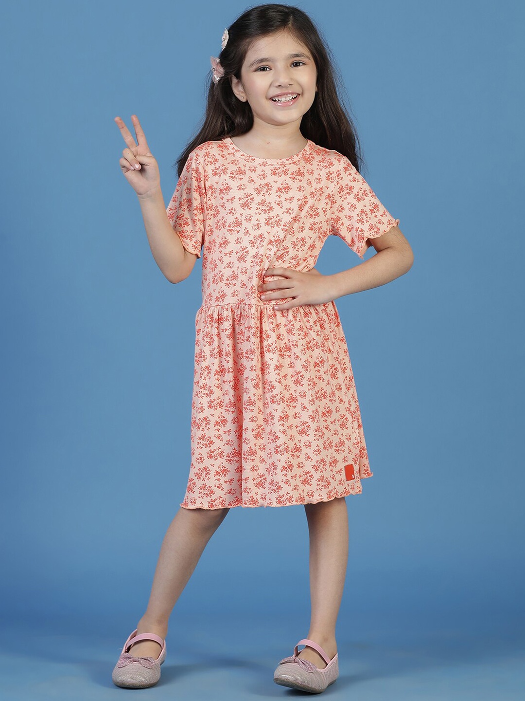 

TALES & STORIES Girls Floral Printed Fit & Flare Dress, Peach