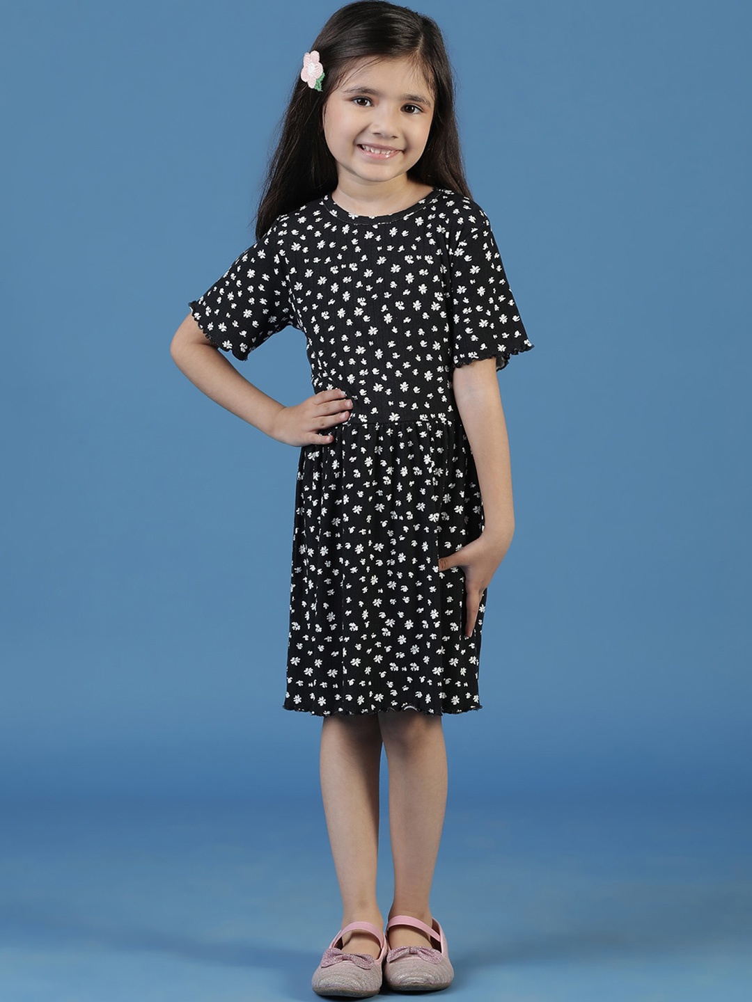 

TALES & STORIES Girls Floral Printed Fit & Flare Dress, Black