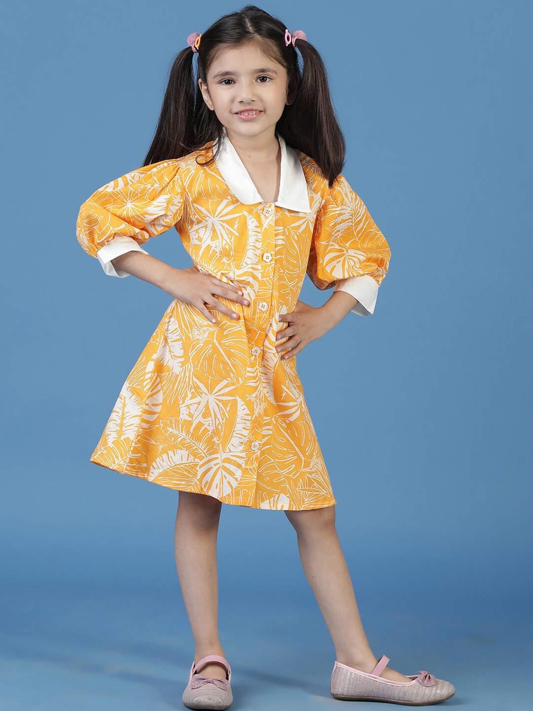

TALES & STORIES Girls Floral Printed Cotton A-Line Dress, Yellow