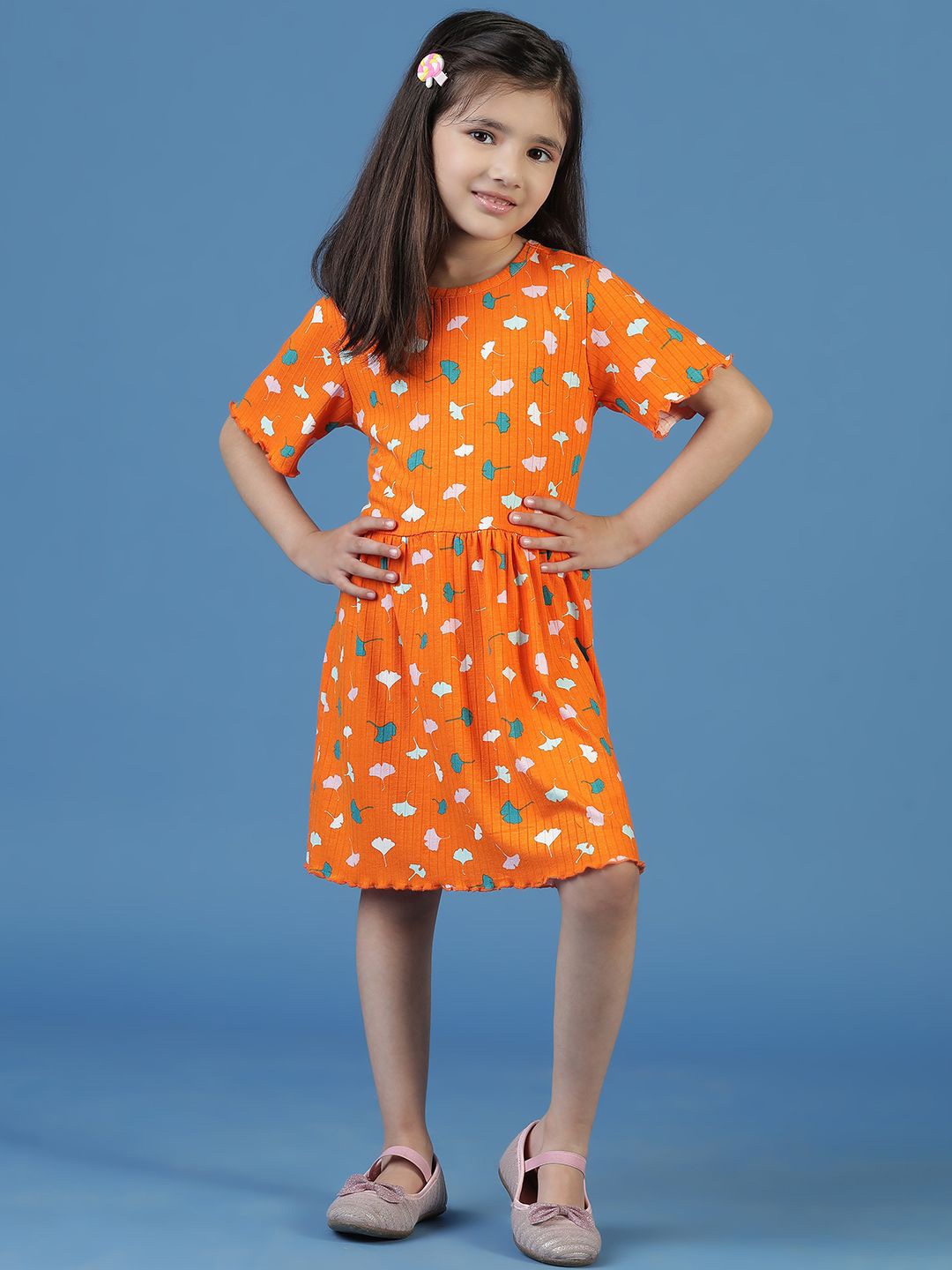 

TALES & STORIES Girls Floral Printed Fit & Flare Dress, Orange