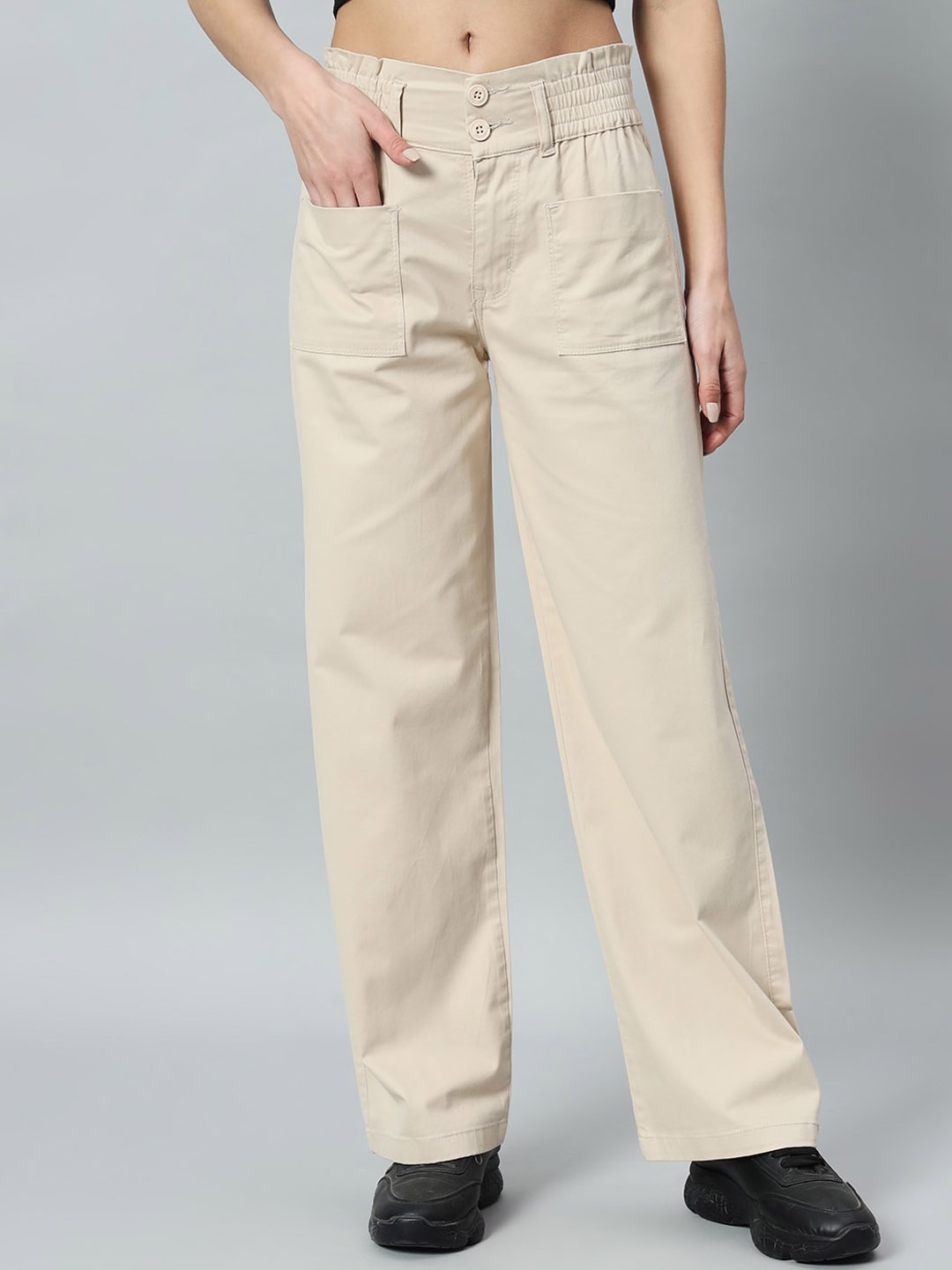 

Chemistry Women Relaxed Straight Fit Mid-Rise Easy Wash Cotton Trousers, Cream