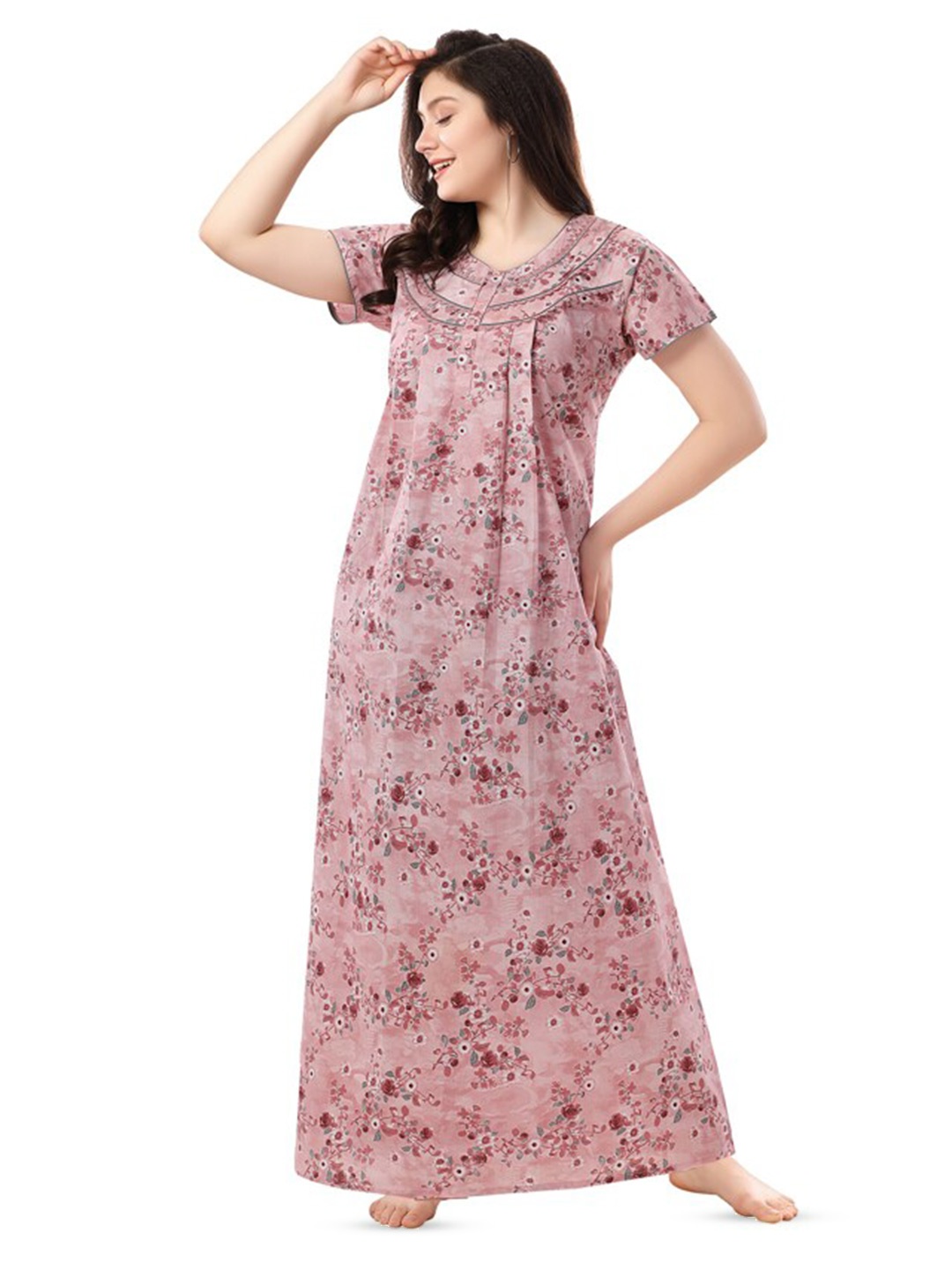 

Soulemo Floral Printed Pure Cotton Maxi Nightdress, Peach