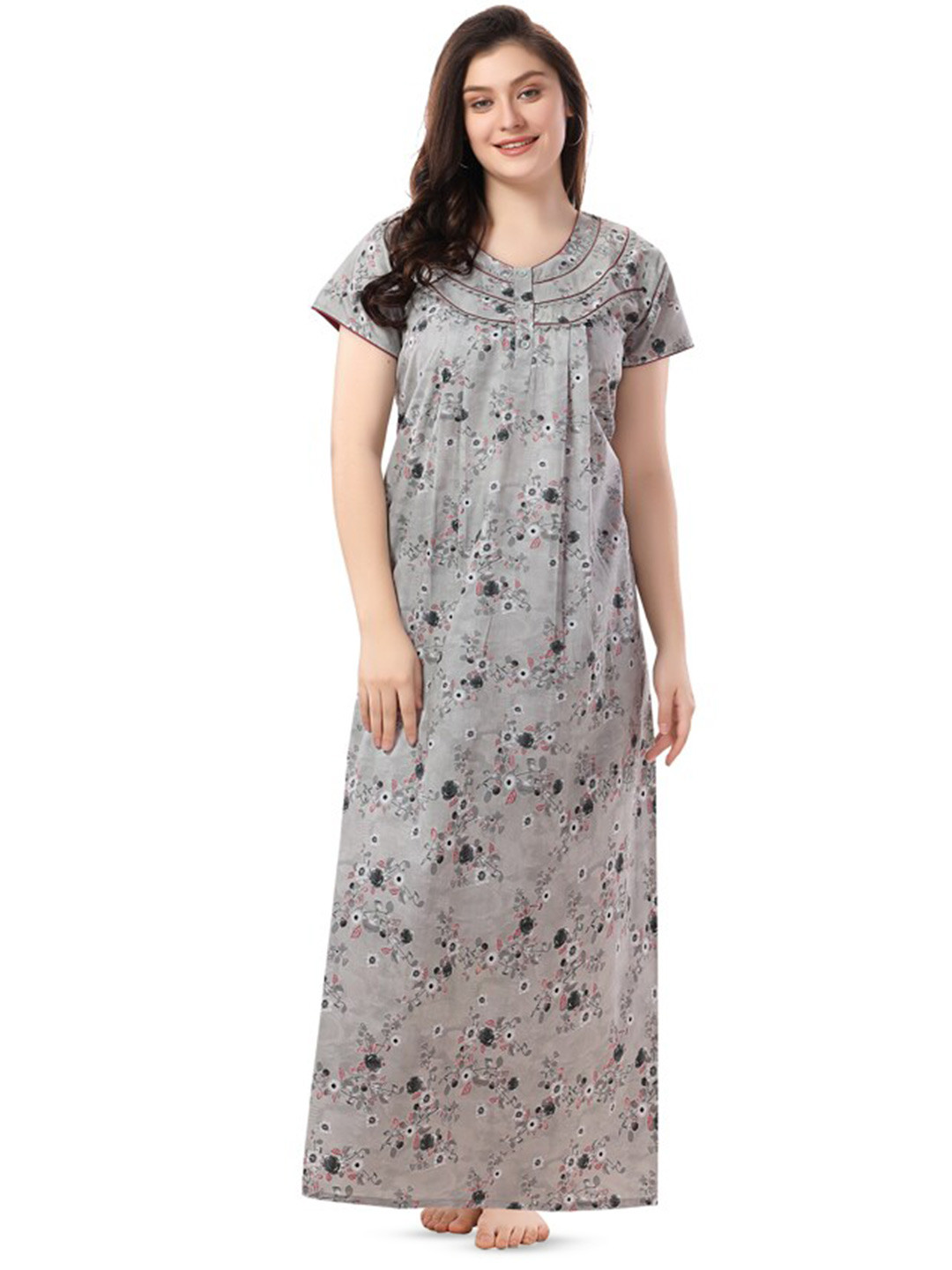 

Soulemo Floral Printed Pure Cotton Maxi Nightdress, Grey