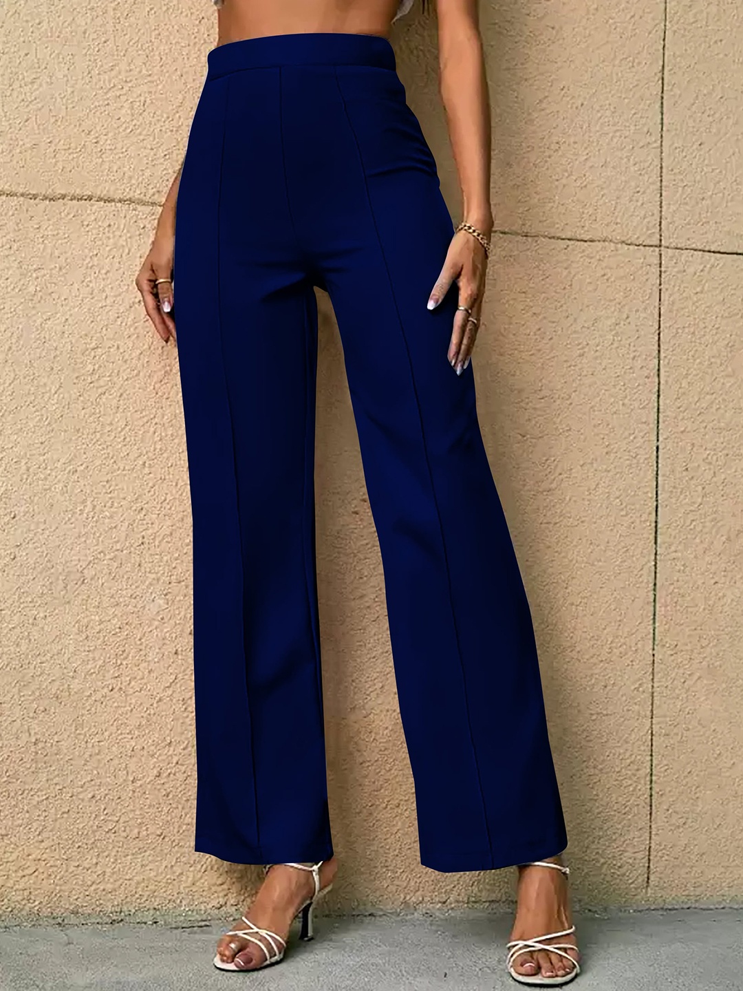 

Dream Beauty Fashion Women Flared Mid-Rise Pleated Trousers, Navy blue