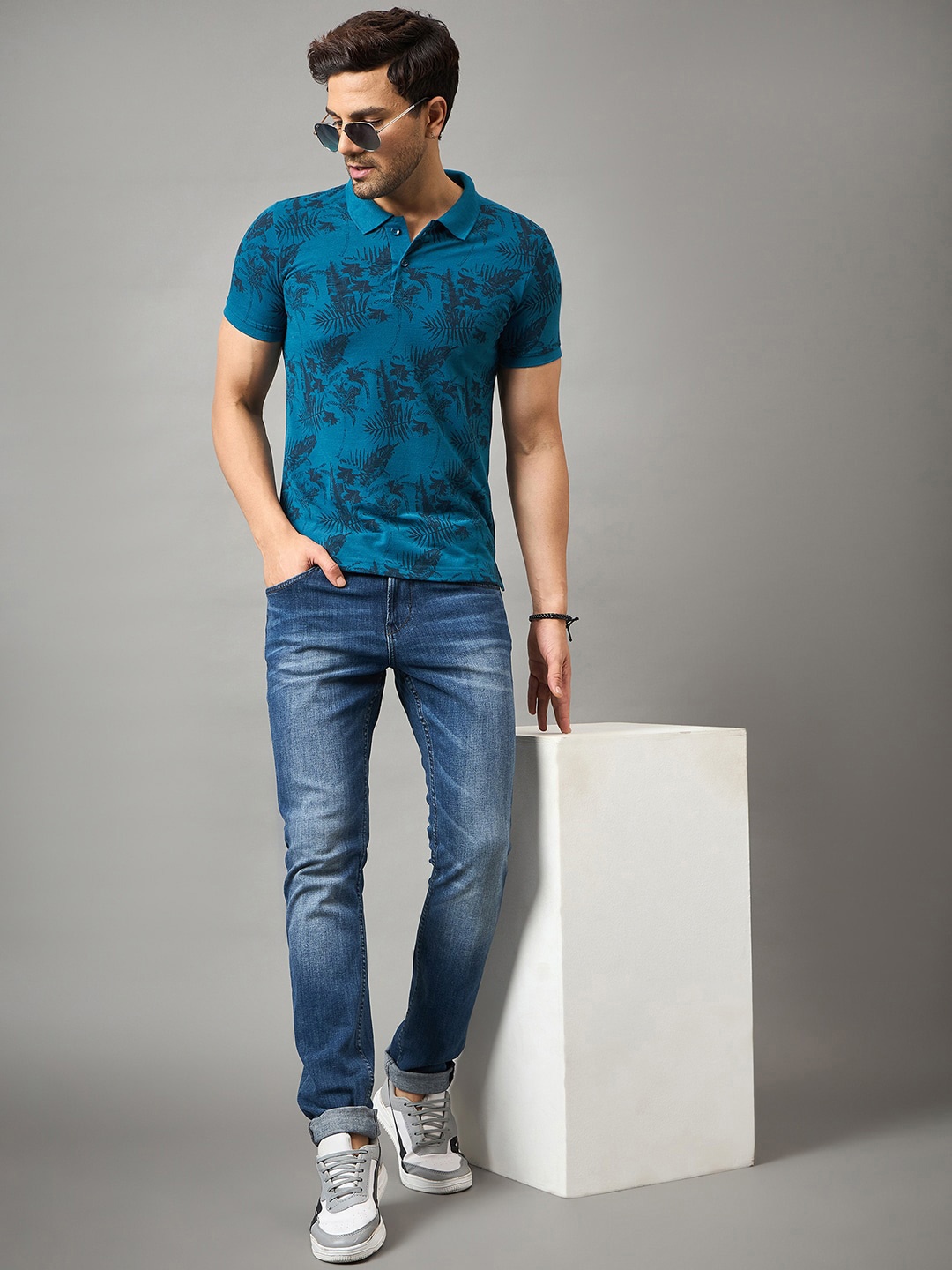 Zigo Graphic Printed Polo Collar Cotton T-shirt, Teal
