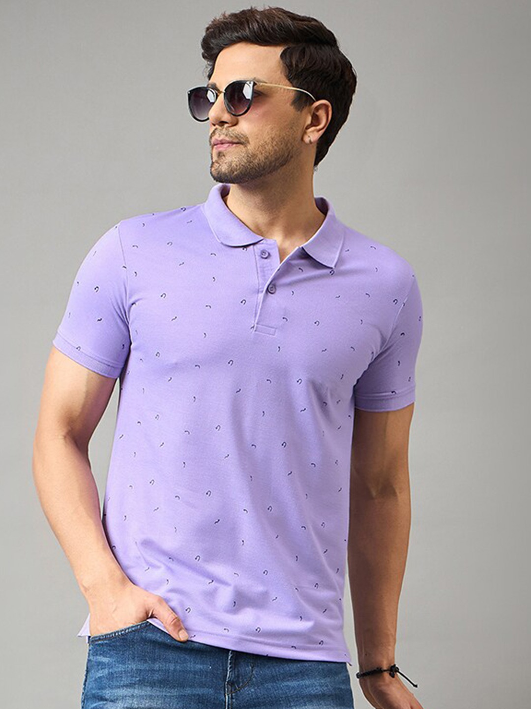 

Zigo Micro or Ditsy Printed Polo Collar Cotton T-shirt, Lavender