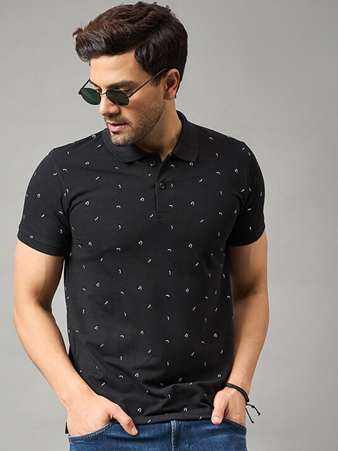 

Zigo Micro or Ditsy Printed Polo Collar Cotton T-shirt, Black