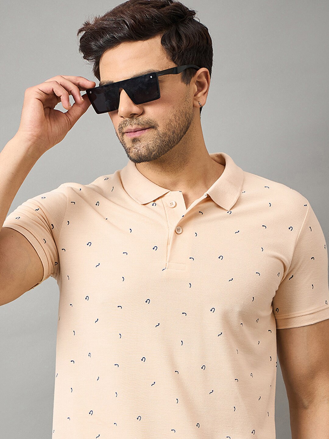 

Zigo Micro or Ditsy Printed Polo Collar Cotton T-shirt, Beige