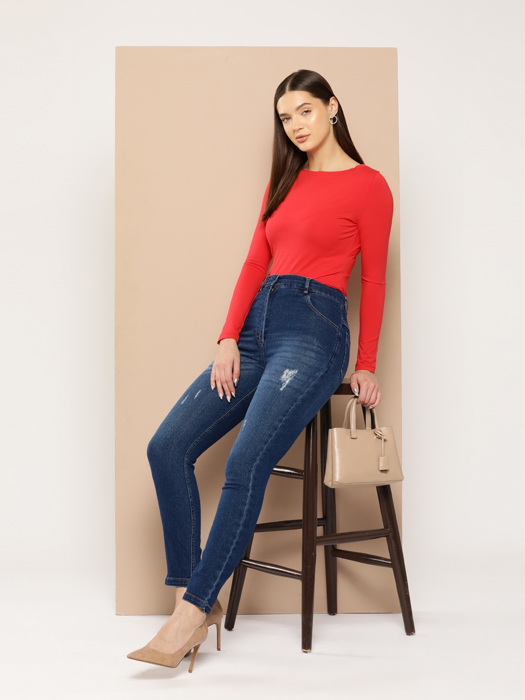 

Chemistry Skinny Fit High-Rise Low Distress Stretchable Jeans, Navy blue