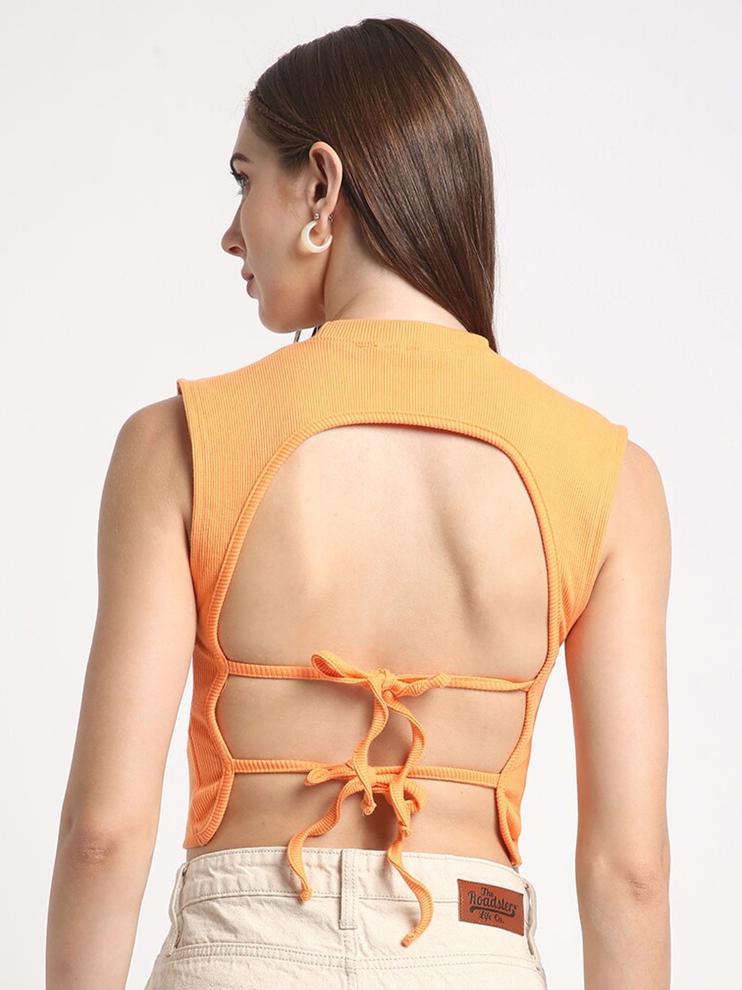 

Bene Kleed Sleeveless Styled Back Ribbed Crop Top, Orange