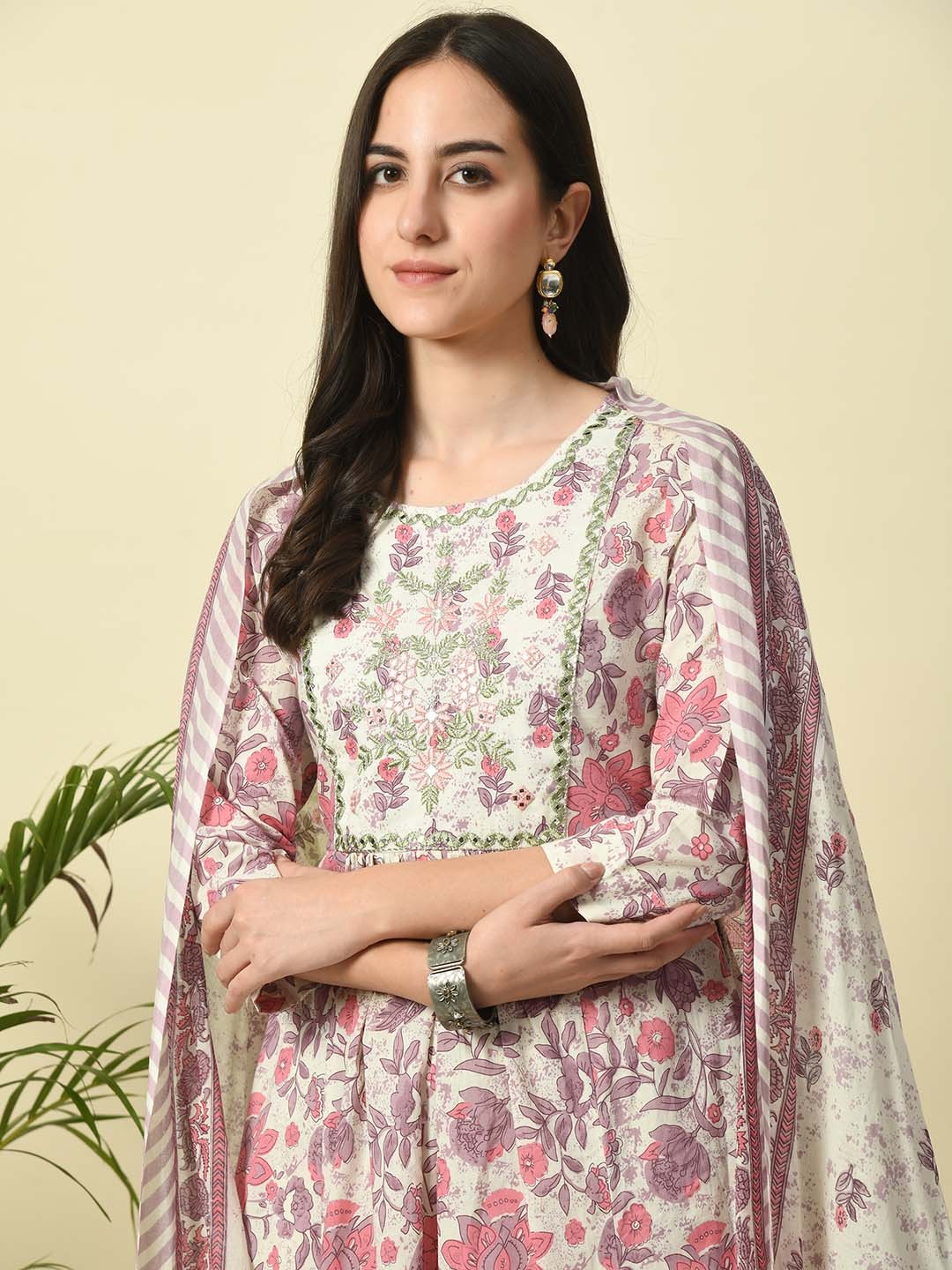 

KALINI Round Neck Floral Print Pure Cotton A-Line Kurta with Trouser and Dupatta, Orange