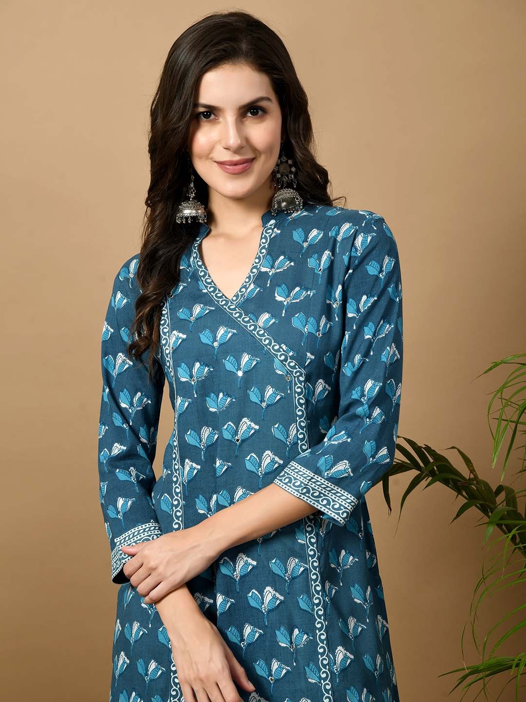 

KALINI Mandarin Collar Floral Pure Cotton Angrakha Straight Kurta with Trouser & Dupatta, Blue