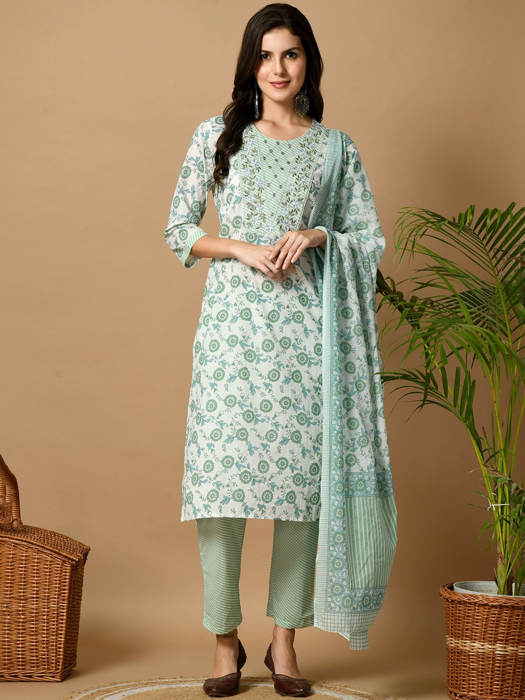 

KALINI Floral Print Mirror Work Regular Straight Kurta with Trousers & Dupatta, Green