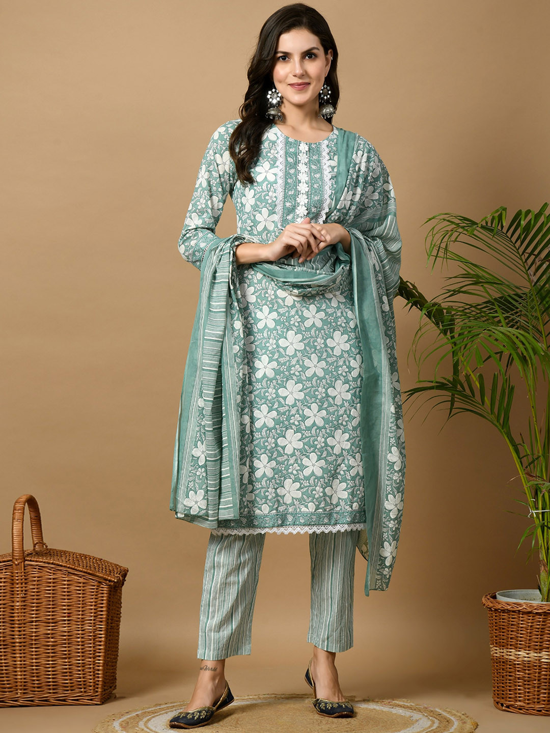 

KALINI Floral Printed Round Neck Knee Length Pure Cotton Straight Kurta Set, Sea green