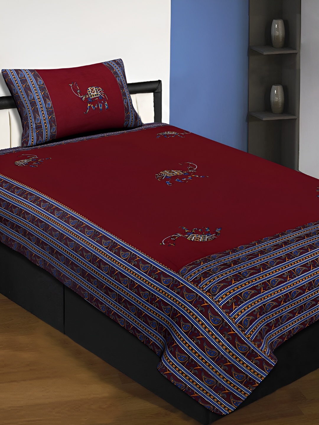 

JAIPUR FABRIC Maroon & Blue Floral Printed Cotton 220 TC Single Bedsheet Set