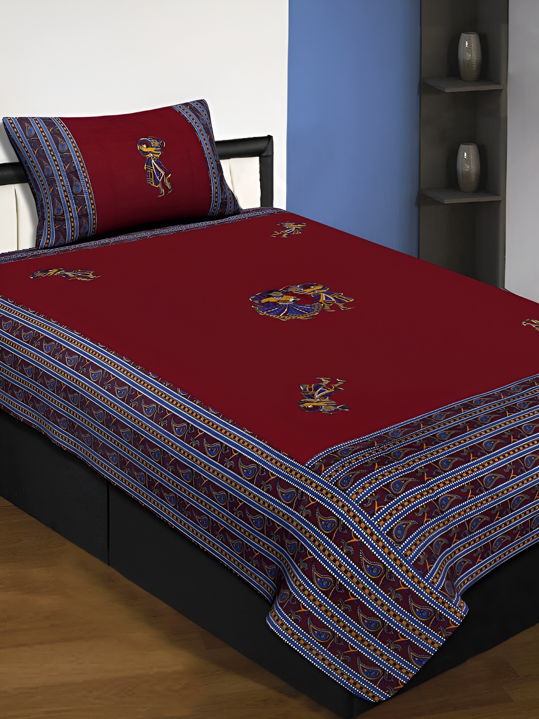 

JAIPUR FABRIC Red & Blue Floral Printed Cotton 220 TC Single Bedsheet Set