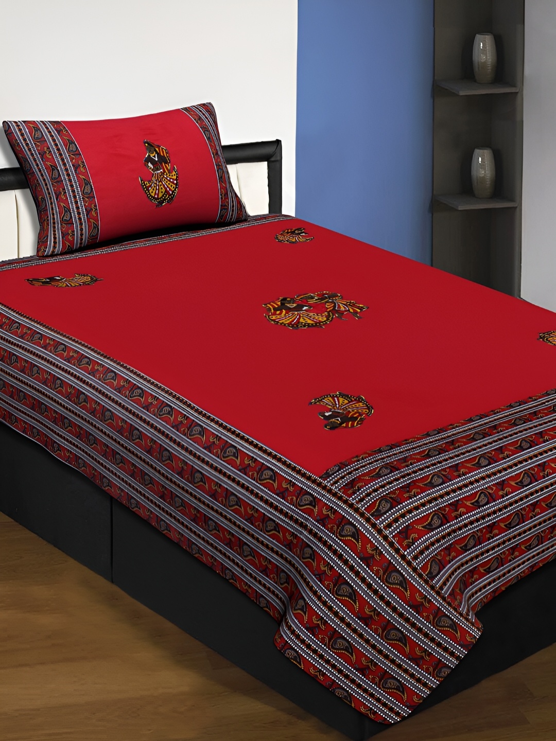 

JAIPUR FABRIC Red Ethnic Motifs Cotton 220 TC Single Bedsheet with 1 Pillow Covers