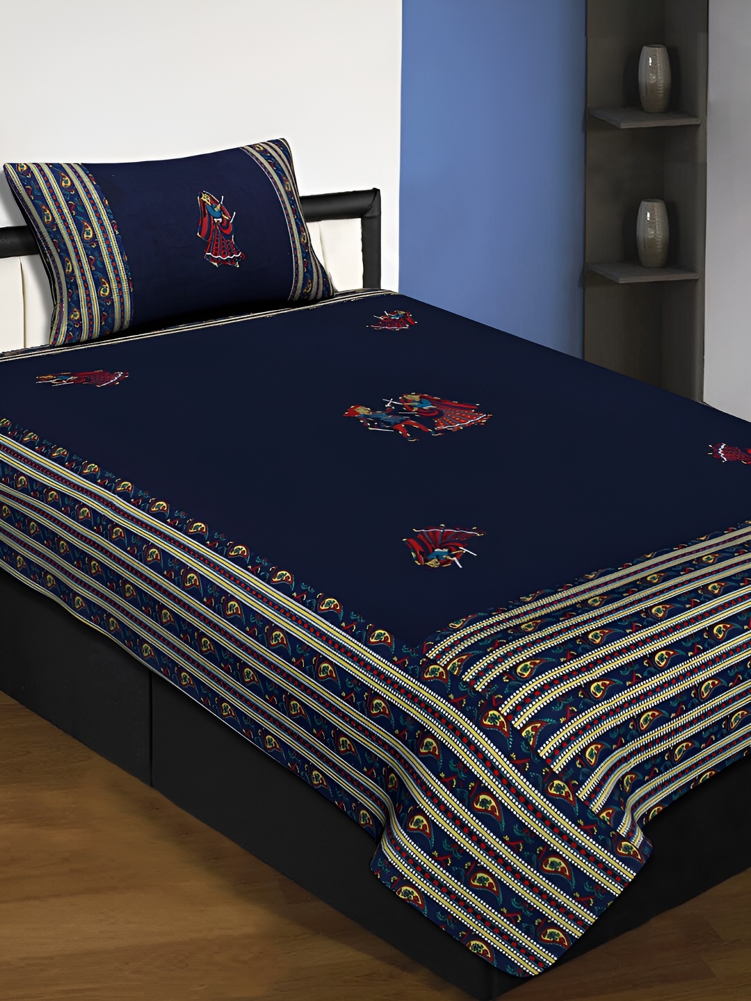 

JAIPUR FABRIC Navy Blue & Red Ethnic Motifs Printed Cotton 220 TC Single Bedsheet Set