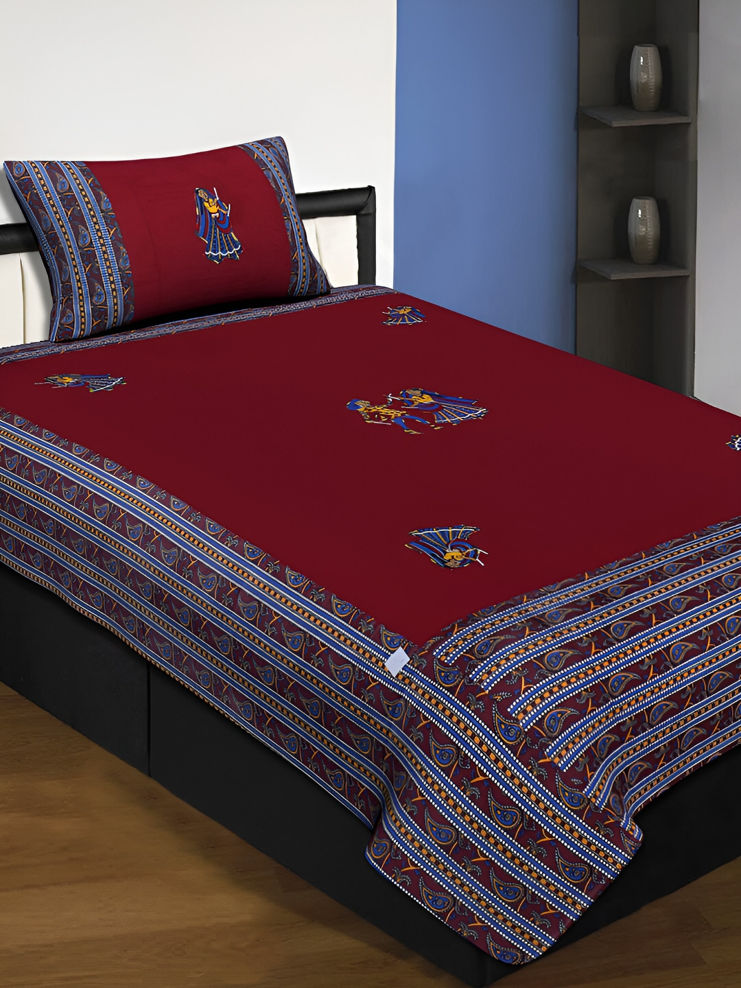 

JAIPUR FABRIC Maroon & Blue Ethnic Motifs Printed Cotton 220 TC Single Bedsheet Set