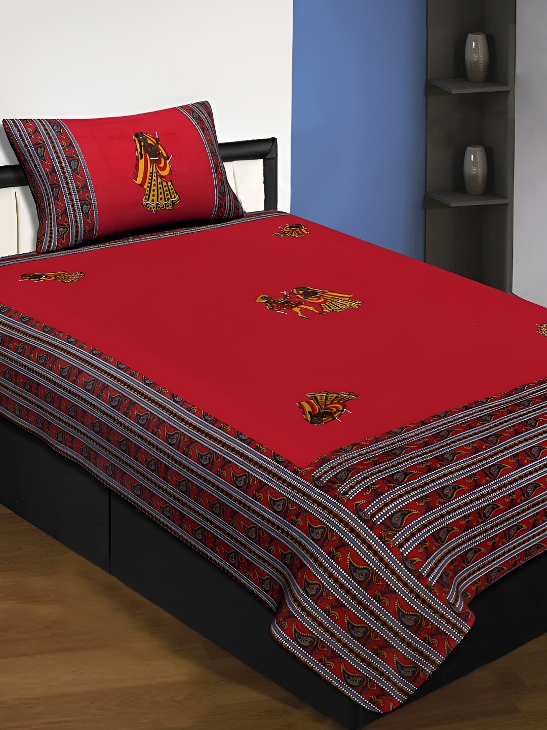 

JAIPUR FABRIC Red & Yellow Ethnic Motifs Printed Cotton 220 TC Single Bedsheet Set
