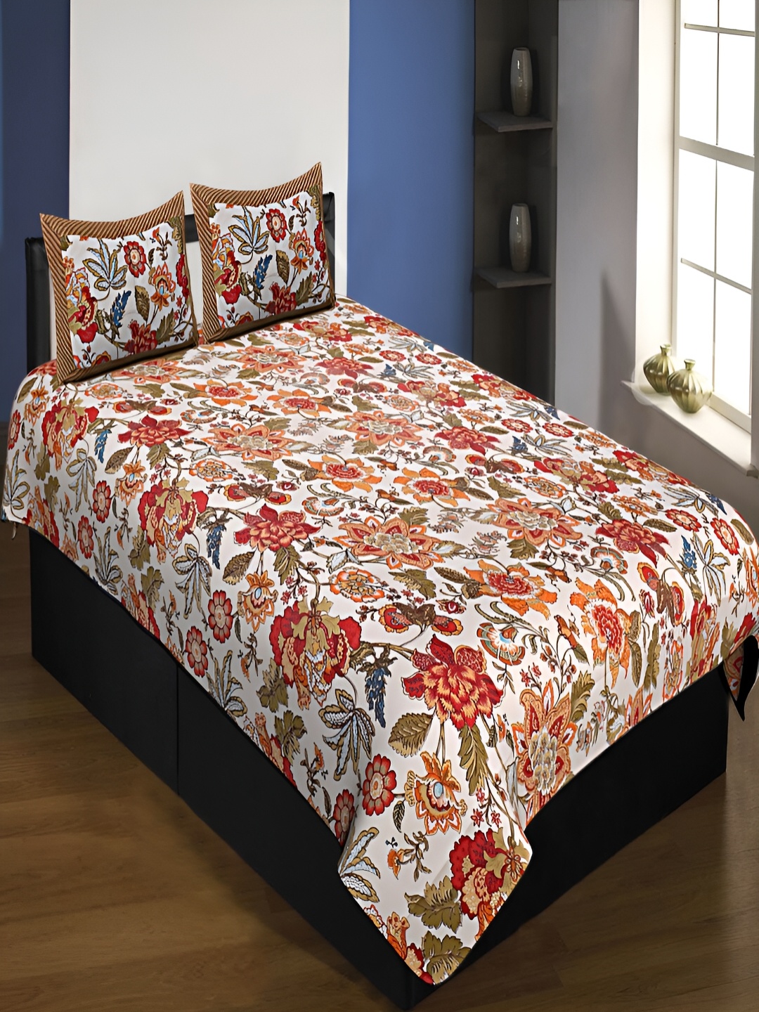

JAIPUR FABRIC White & Orange Floral Cotton 220 TC Single Bedsheet Set