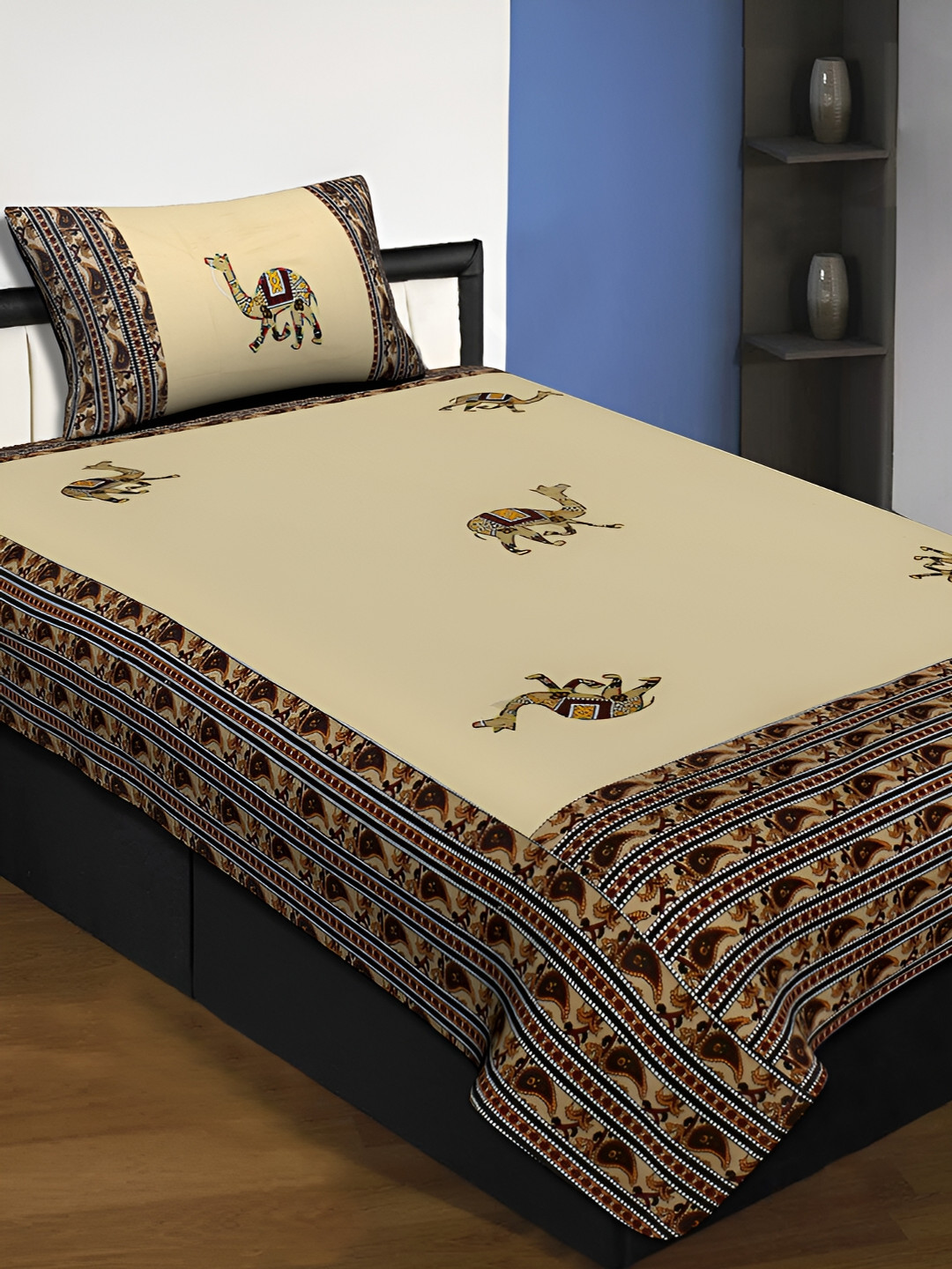 

JAIPUR FABRIC Beige Ethnic Motifs Cotton 220 TC Single Bedsheet with 1 Pillow Covers